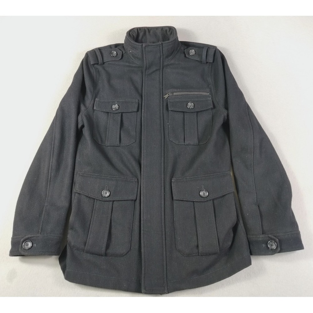 Express‎ Jacket Mens Medium Black Wool Military Hooded Full Zip Pockets Outdoor